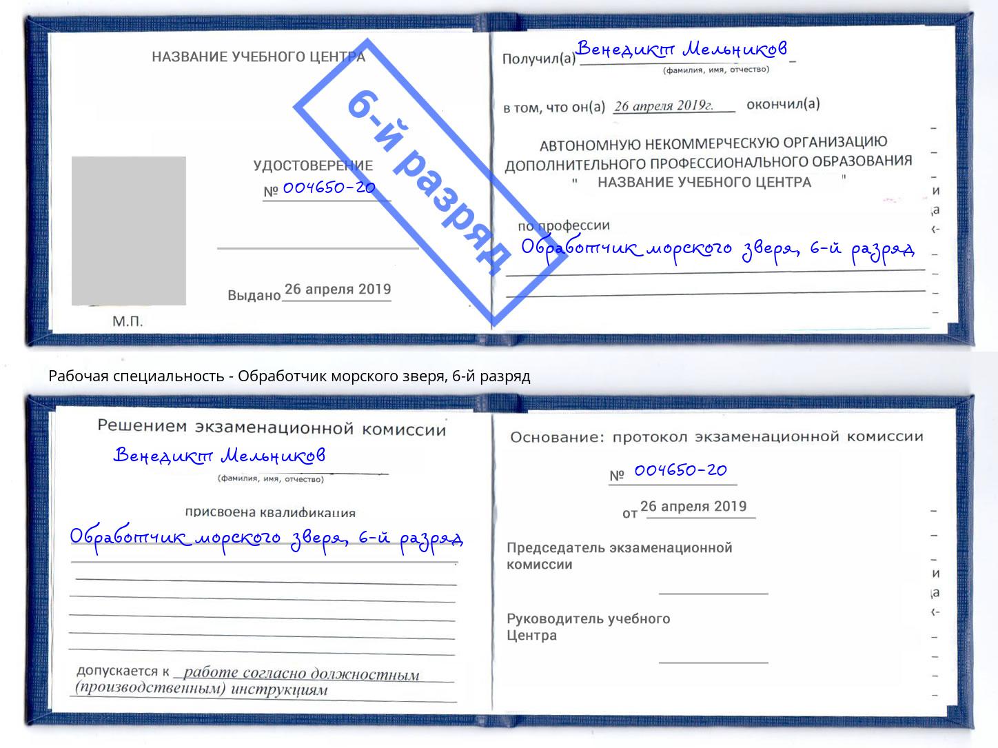 корочка 6-й разряд Обработчик морского зверя Шарыпово