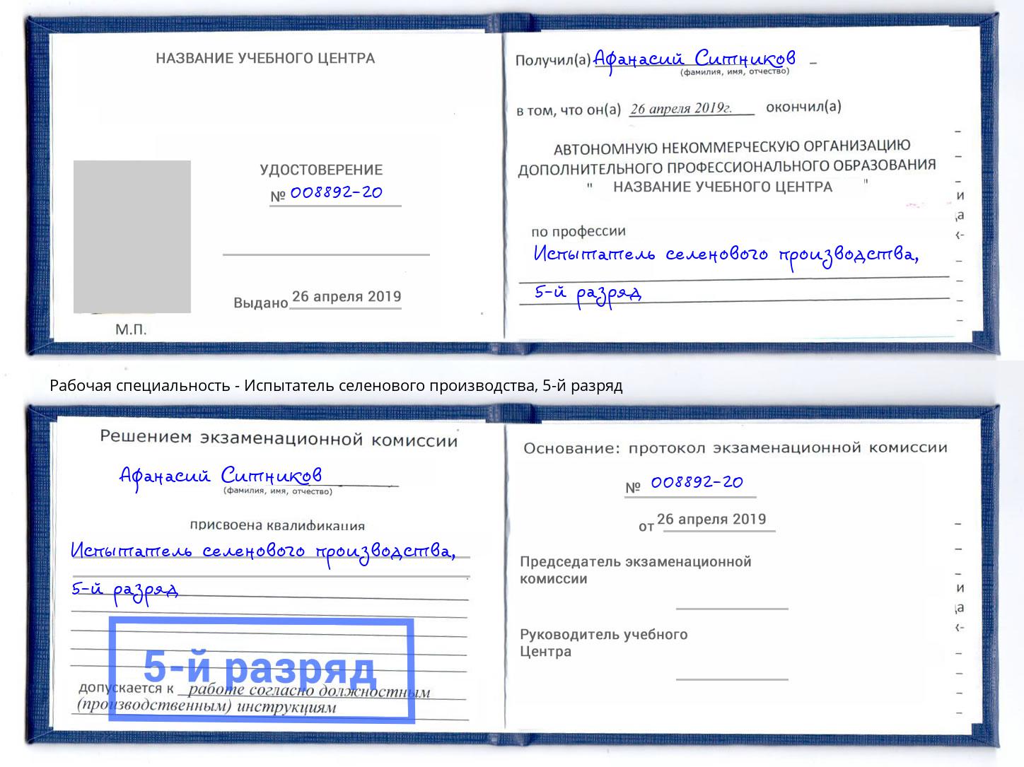 корочка 5-й разряд Испытатель селенового производства Шарыпово