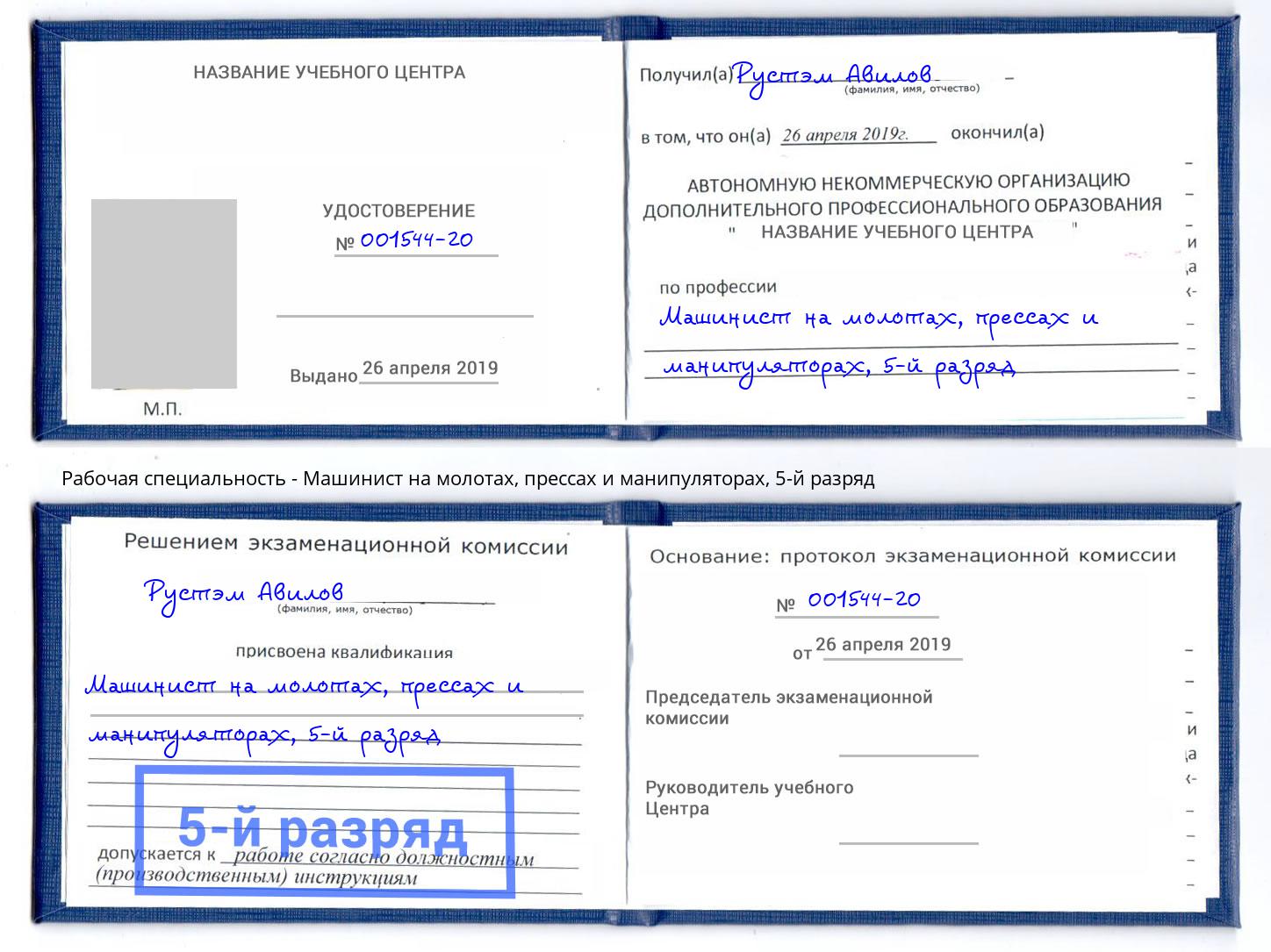 корочка 5-й разряд Машинист на молотах, прессах и манипуляторах Шарыпово
