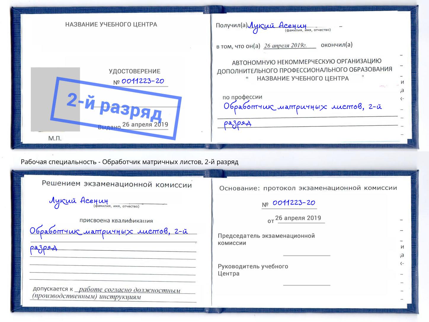 корочка 2-й разряд Обработчик матричных листов Шарыпово