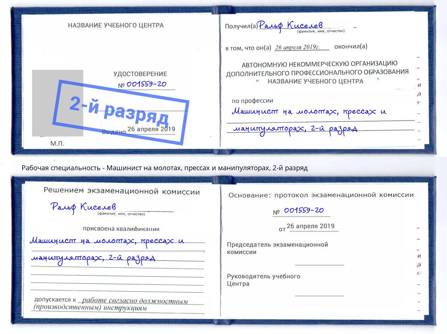 корочка 2-й разряд Машинист на молотах, прессах и манипуляторах Шарыпово