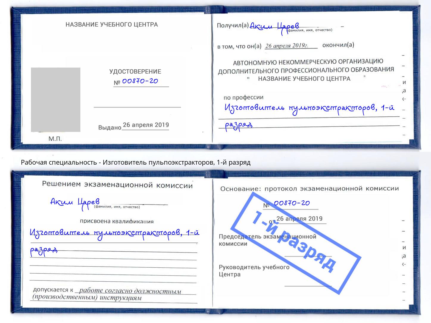 корочка 1-й разряд Изготовитель пульпоэкстракторов Шарыпово